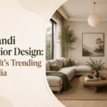 Minimal Japandi-style living room blog banner featuring neutral tones, wooden furniture, soft lighting, and the title “Japandi Interior Design: Why It’s Trending in India”