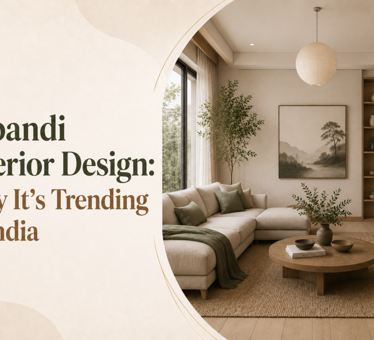 Minimal Japandi-style living room blog banner featuring neutral tones, wooden furniture, soft lighting, and the title “Japandi Interior Design: Why It’s Trending in India”