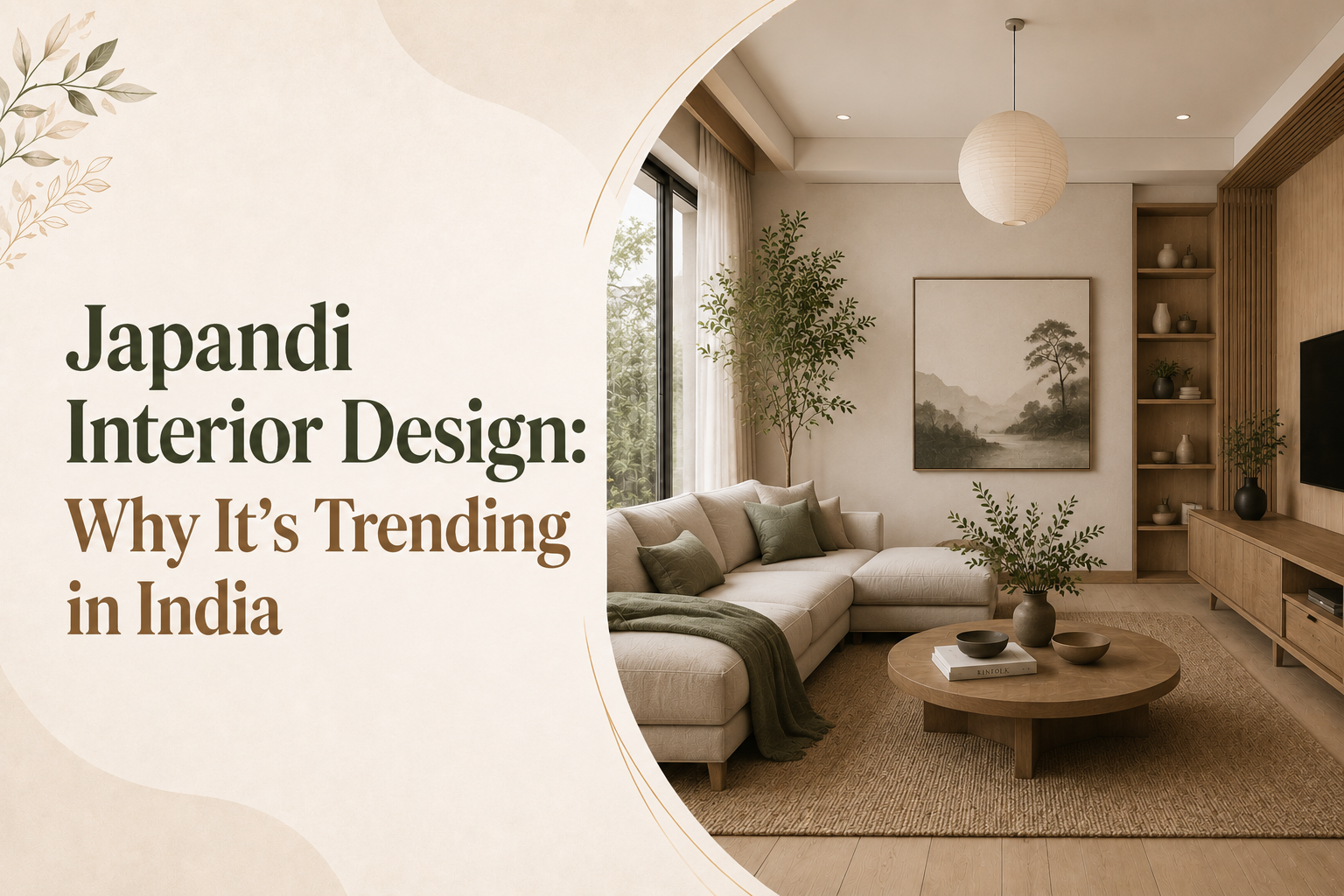 Minimal Japandi-style living room blog banner featuring neutral tones, wooden furniture, soft lighting, and the title “Japandi Interior Design: Why It’s Trending in India”