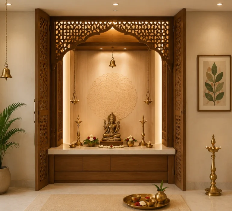 Modern pooja room interior designed as per Vastu with a wooden mandir, warm ambient lighting, brass lamps, and elegant home décor in a contemporary Kerala home.