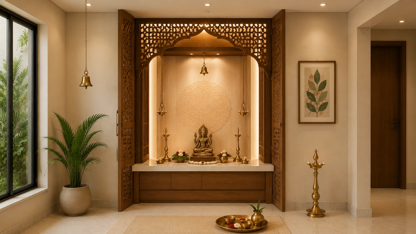 Modern pooja room interior designed as per Vastu with a wooden mandir, warm ambient lighting, brass lamps, and elegant home décor in a contemporary Kerala home.