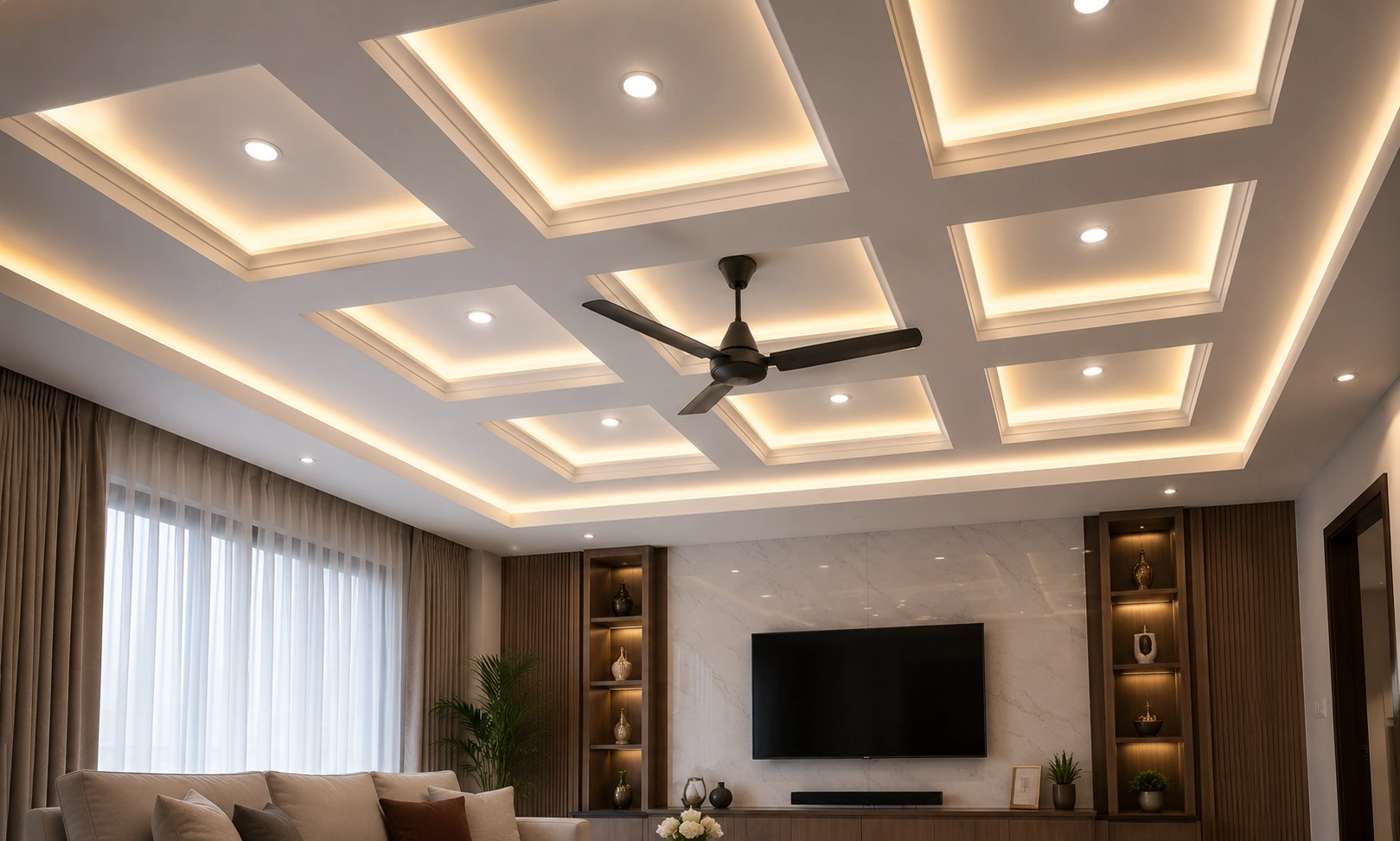 Modern coffered gypsum false ceiling with LED cove lighting, recessed spotlights, and ceiling fan designed by False Ceiling Interior Designers in Trivandrum.