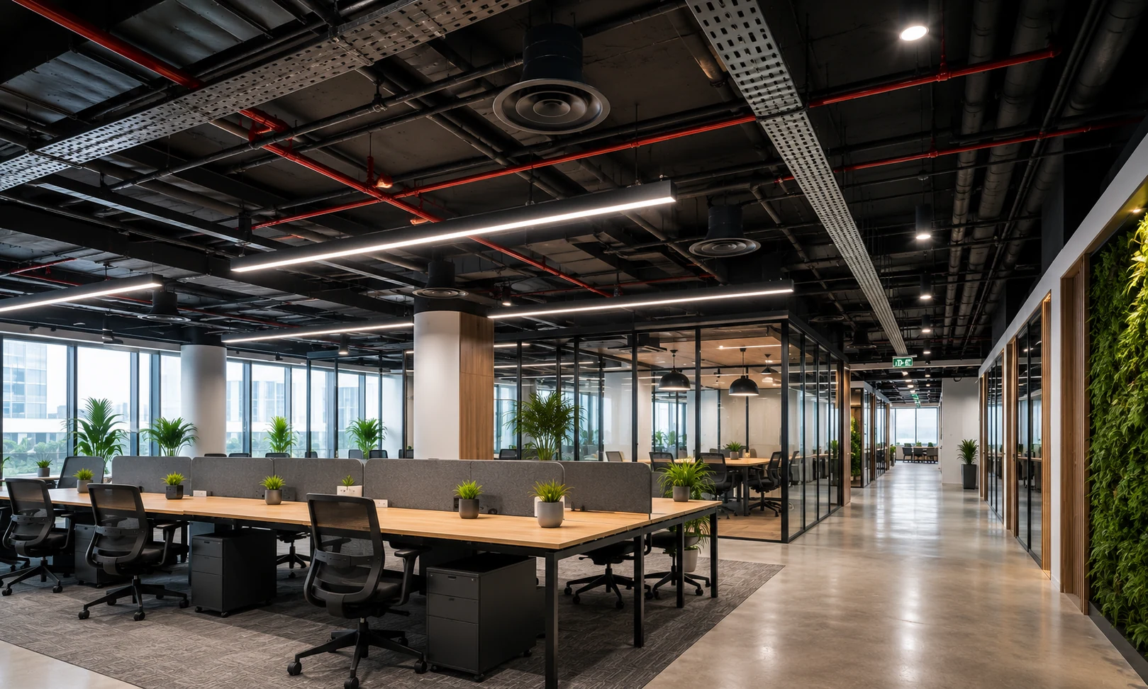 Modern open exposed office ceiling with visible HVAC ducts, cable trays, industrial lighting, and ventilation systems designed for commercial office interiors in Trivandrum.