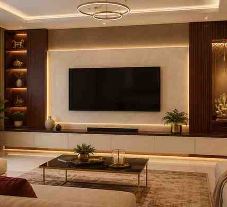Modern TV unit design with a backlit marble feature wall and wooden showcase for a contemporary living room in Kerala.