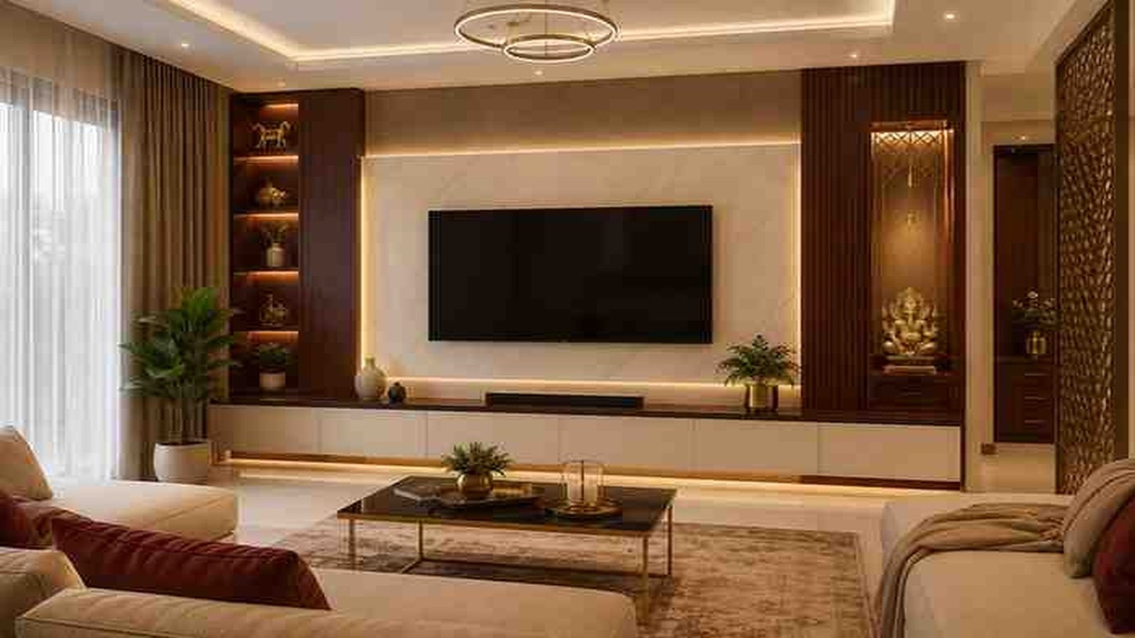 Modern TV unit design with a backlit marble feature wall and wooden showcase for a contemporary living room in Kerala.