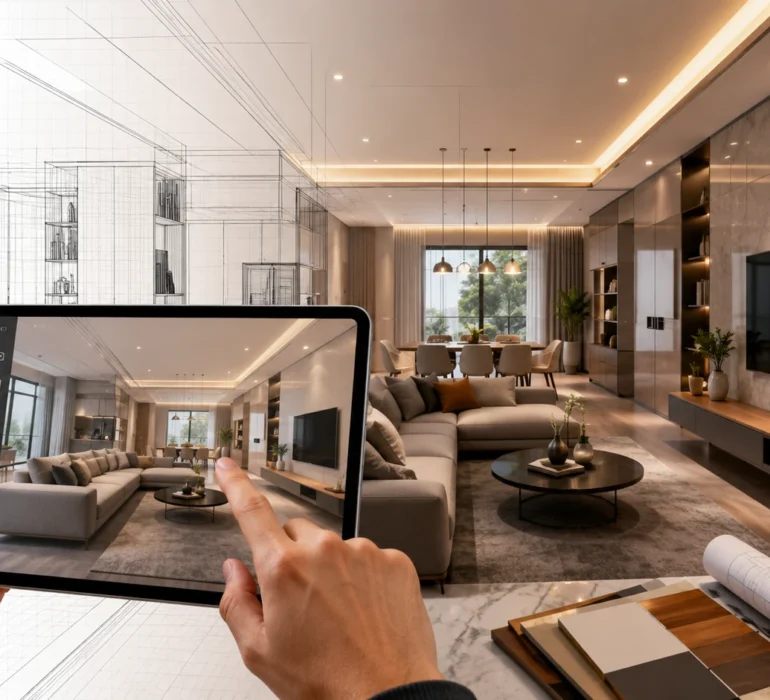 3D interior design visualisation by an Interior Designer in Trivandrum for a modern living room