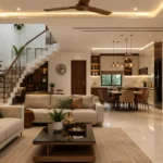 Modern living room, dining area, and modular kitchen showcasing premium home interior design in Kerala.