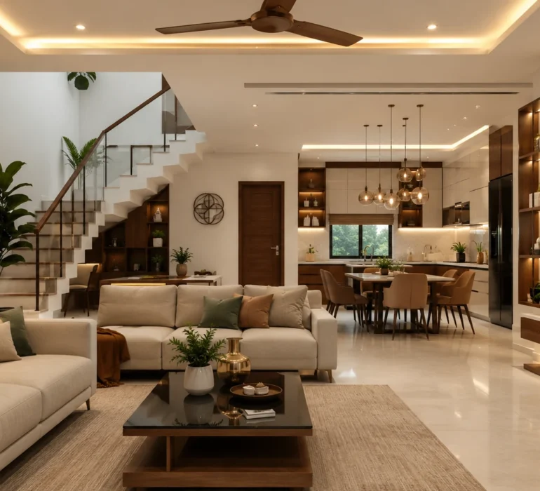 Modern living room, dining area, and modular kitchen showcasing premium home interior design in Kerala.