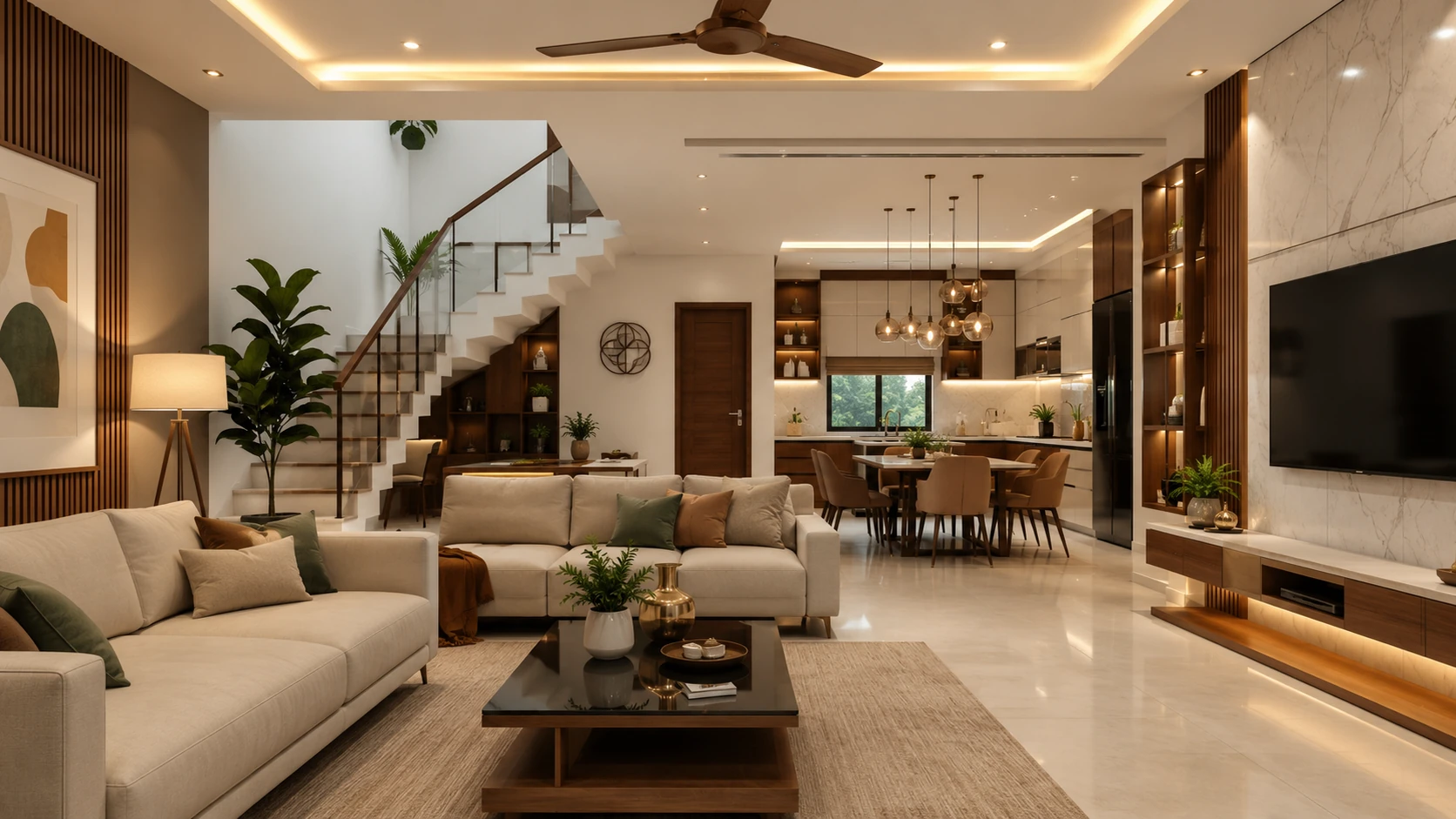 Modern living room, dining area, and modular kitchen showcasing premium home interior design in Kerala.