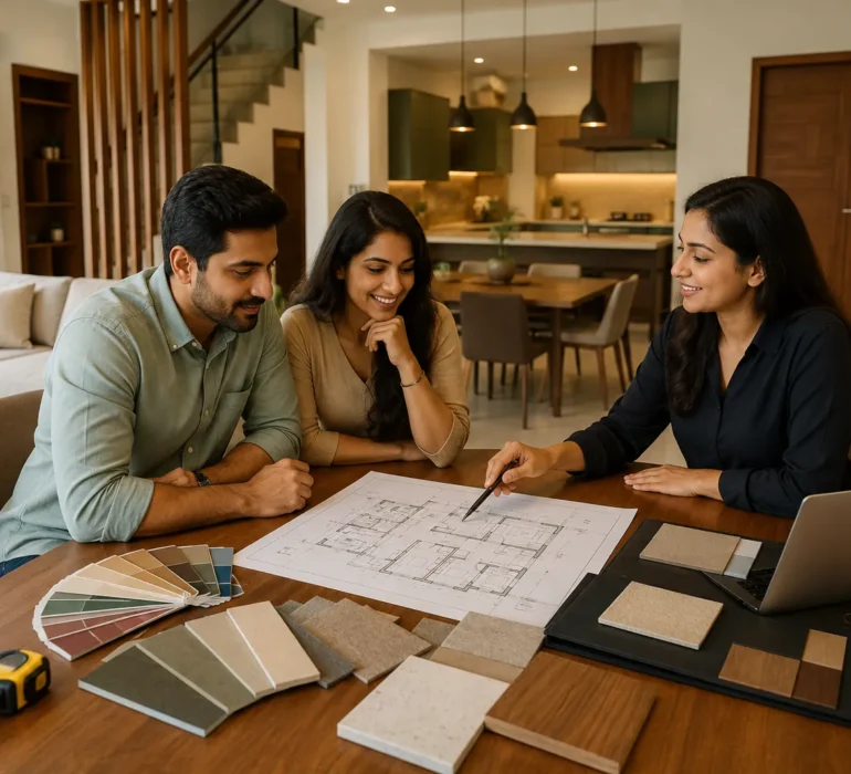 First-time homeowners planning their home interiors with a professional interior designer in Trivandrum.