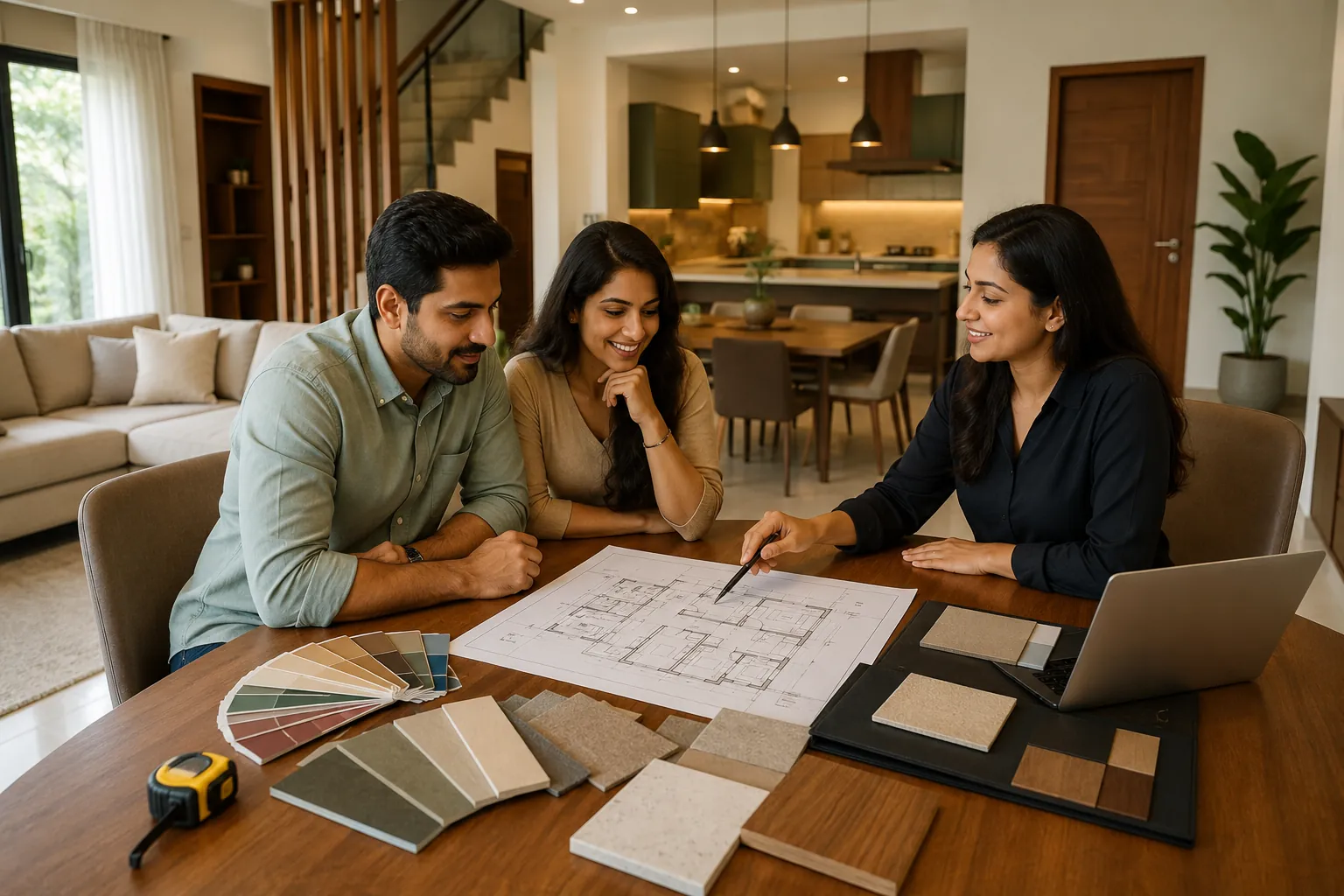 First-time homeowners planning their home interiors with a professional interior designer in Trivandrum.