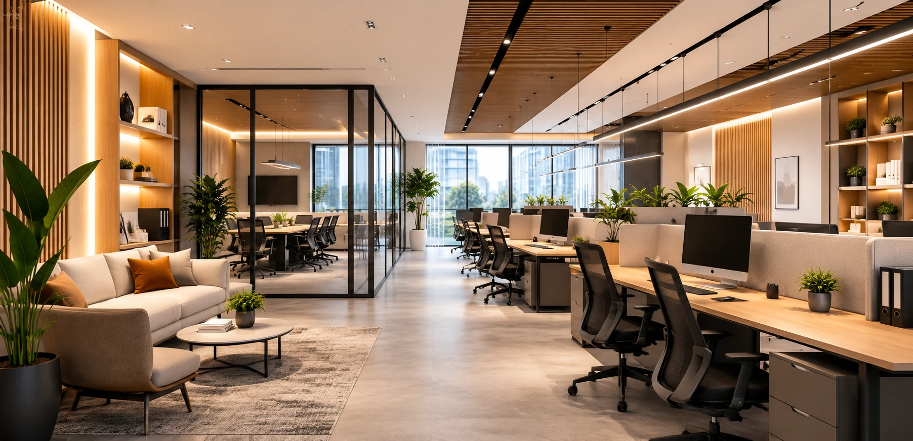 Modern office interior designing with open workstations, glass meeting rooms, and premium workspace design by Homestin.