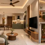 2BHK interior design in Kerala with modern living room and kitchen