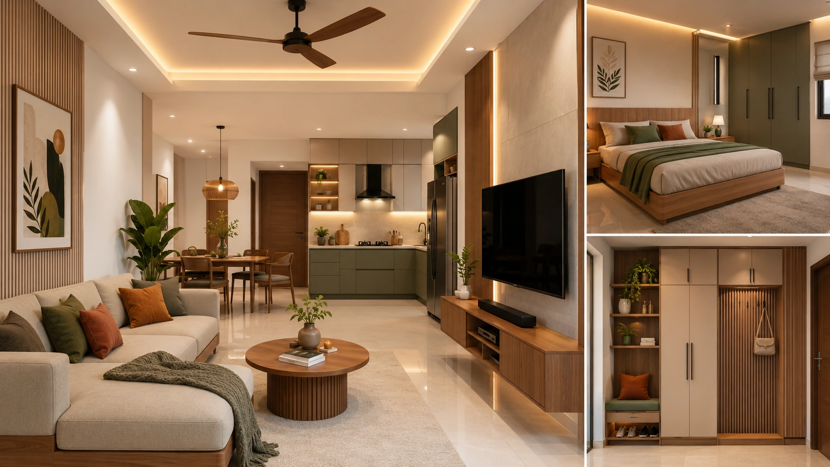 2BHK interior design in Kerala with modern living room and kitchen
