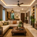 Modern home interior design with a spacious living room in a Kerala home