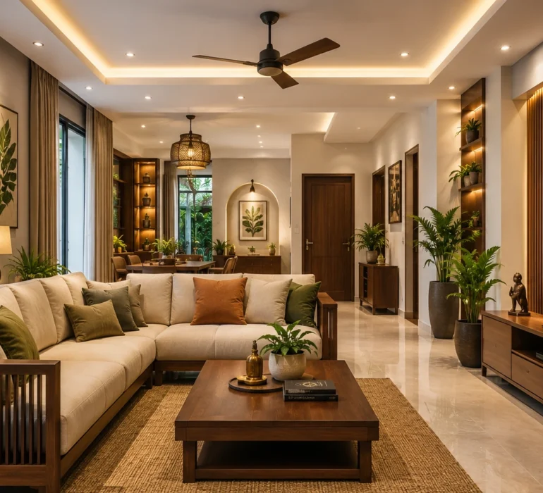 Modern home interior design with a spacious living room in a Kerala home