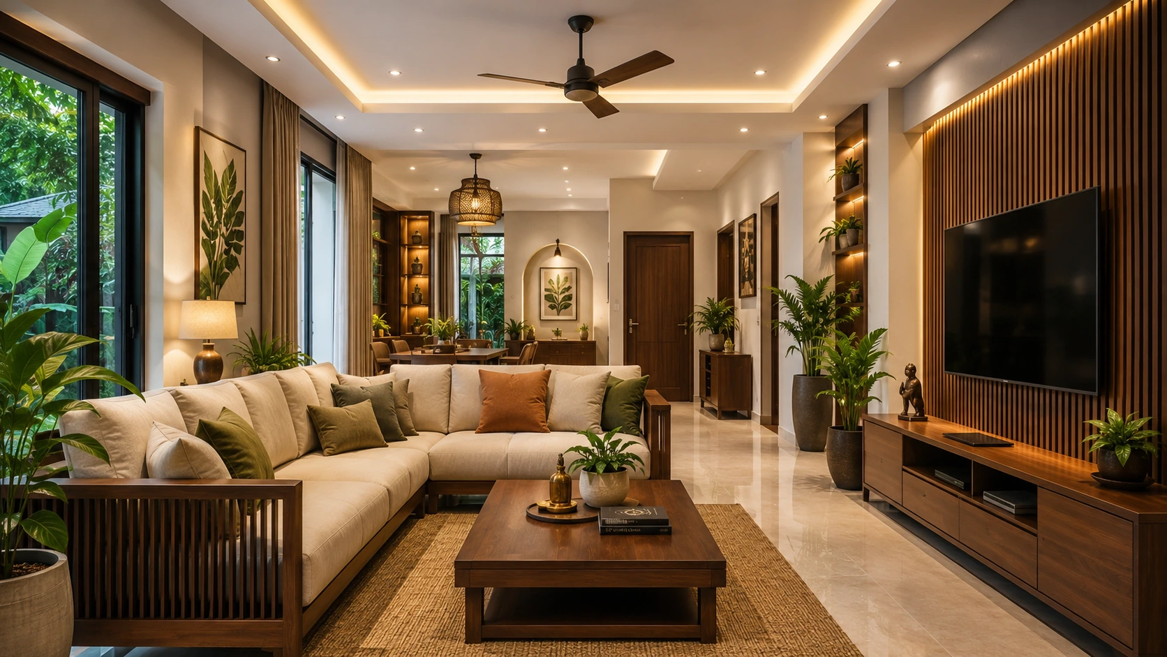 Modern home interior design with a spacious living room in a Kerala home