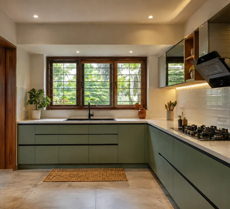 Modern modular kitchen design in a Kerala home with L-shaped cabinets, spacious countertops, storage units, and natural lighting