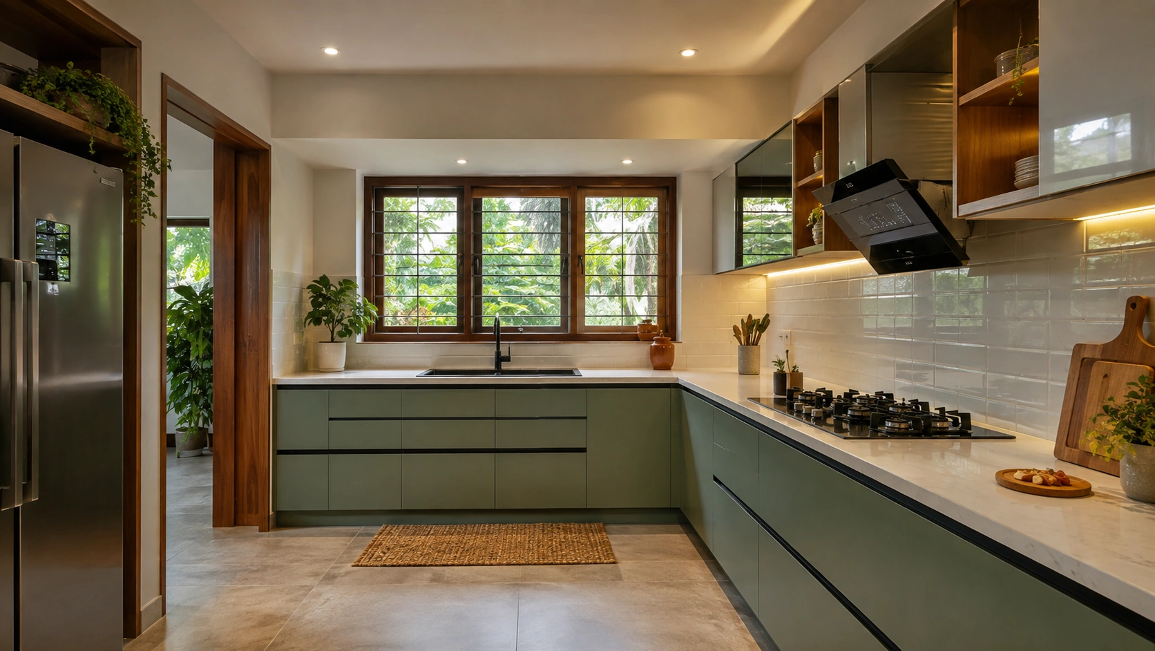 Modern modular kitchen design in a Kerala home with L-shaped cabinets, spacious countertops, storage units, and natural lighting