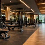 Modern commercial gym interior featuring professional strength training equipment, dumbbells, weight benches, cardio machines, mirrored walls, and contemporary ceiling lighting.