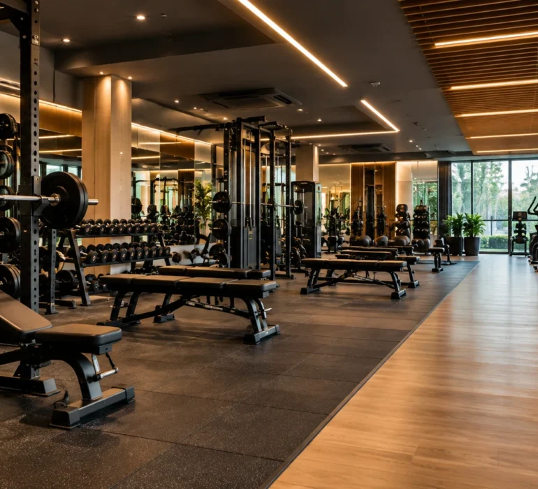 Modern commercial gym interior featuring professional strength training equipment, dumbbells, weight benches, cardio machines, mirrored walls, and contemporary ceiling lighting.