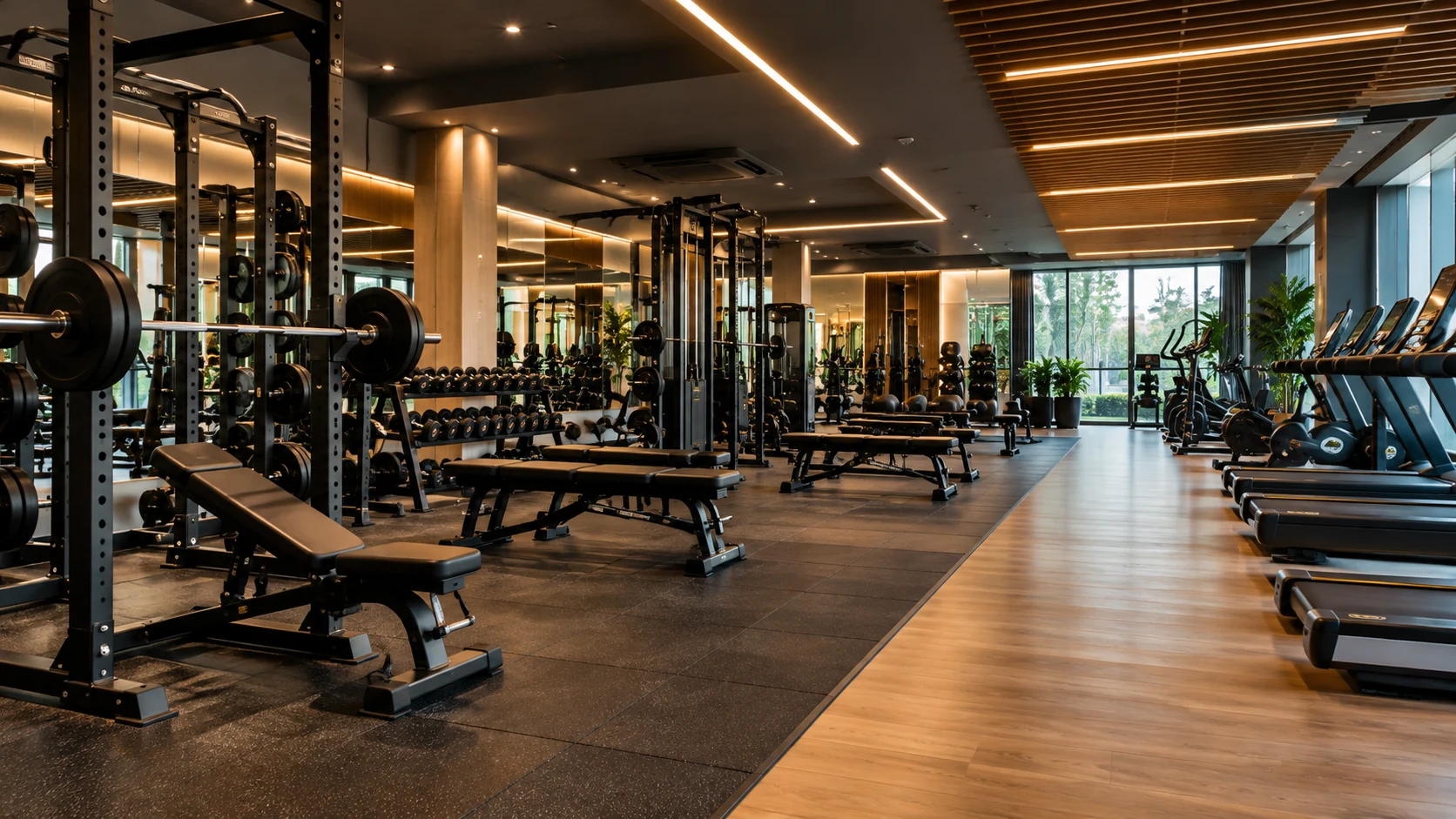 Modern commercial gym interior featuring professional strength training equipment, dumbbells, weight benches, cardio machines, mirrored walls, and contemporary ceiling lighting.