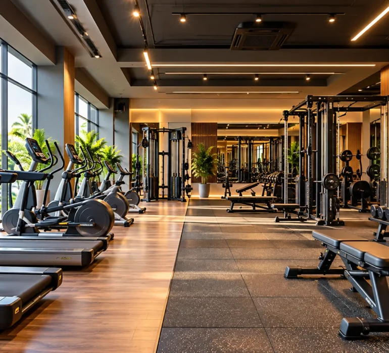 Modern gym interior design with functional fitness equipment and attractive lighting