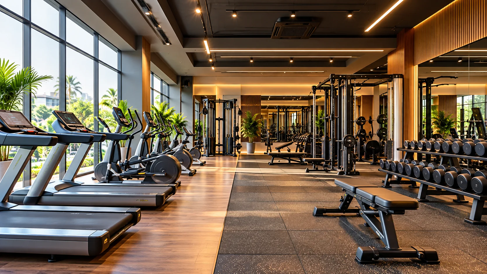 Modern gym interior design with functional fitness equipment and attractive lighting