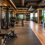 Modern gym interior design with fitness equipment, wood flooring, mirrors, LED lighting, and large windows.