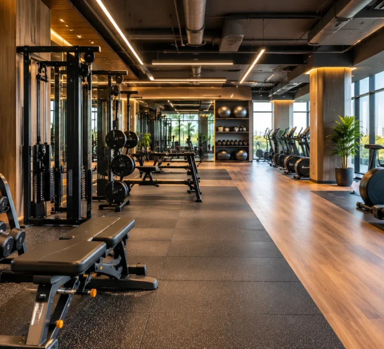 Modern gym interior design with fitness equipment, wood flooring, mirrors, LED lighting, and large windows.
