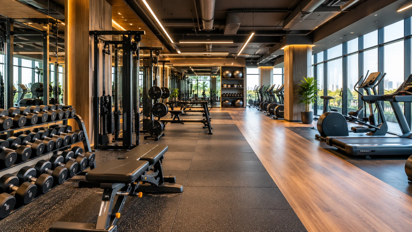 Modern gym interior design with fitness equipment, wood flooring, mirrors, LED lighting, and large windows.