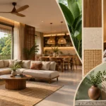 Modern Kerala home interior showcasing 2026 interior design trends with natural wood, earthy colours and greenery