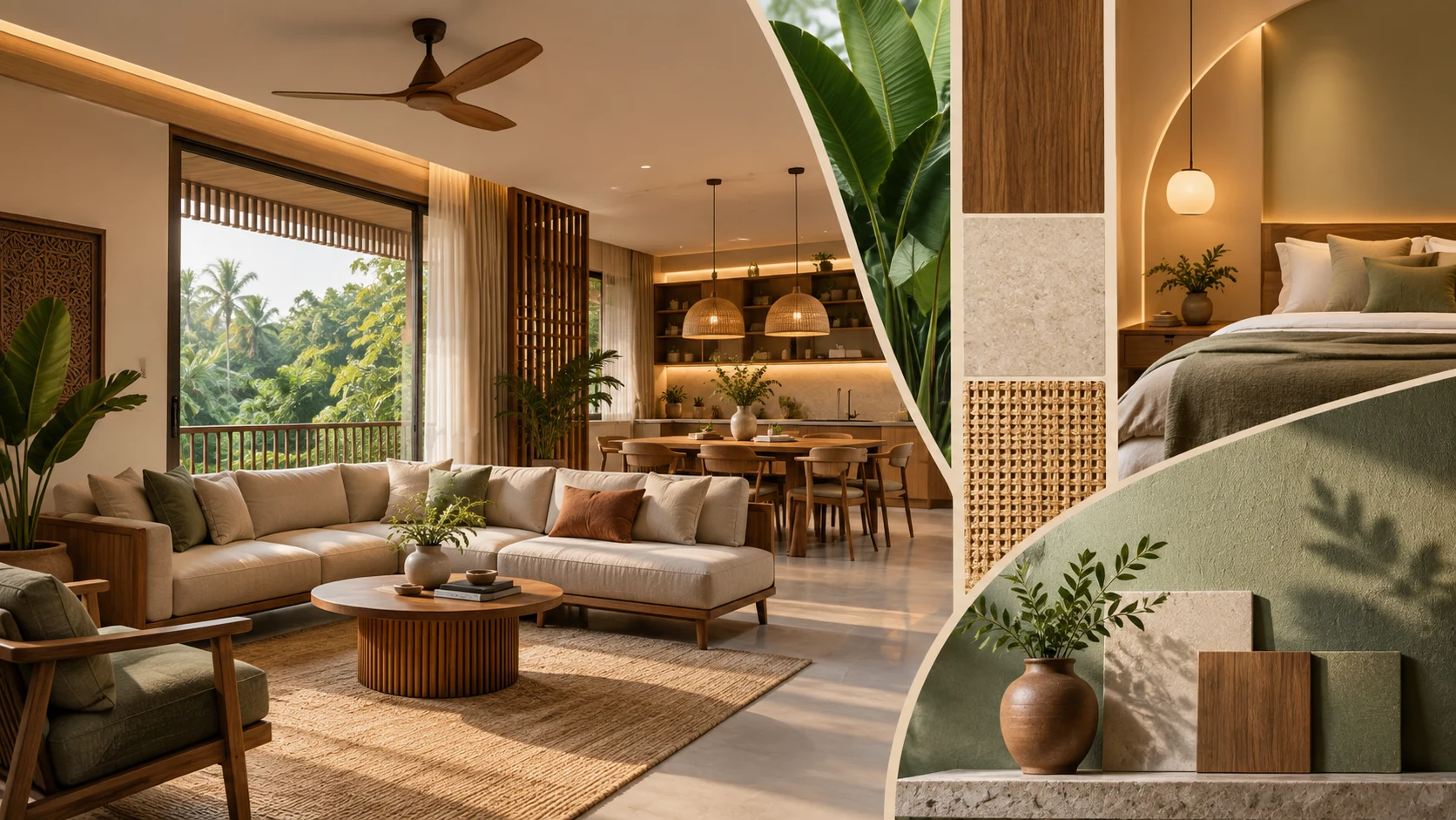 Modern Kerala home interior showcasing 2026 interior design trends with natural wood, earthy colours and greenery