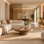 Best interior designers in Trivandrum creating a warm minimalist modern living room with neutral tones, natural wood, and soft lighting.