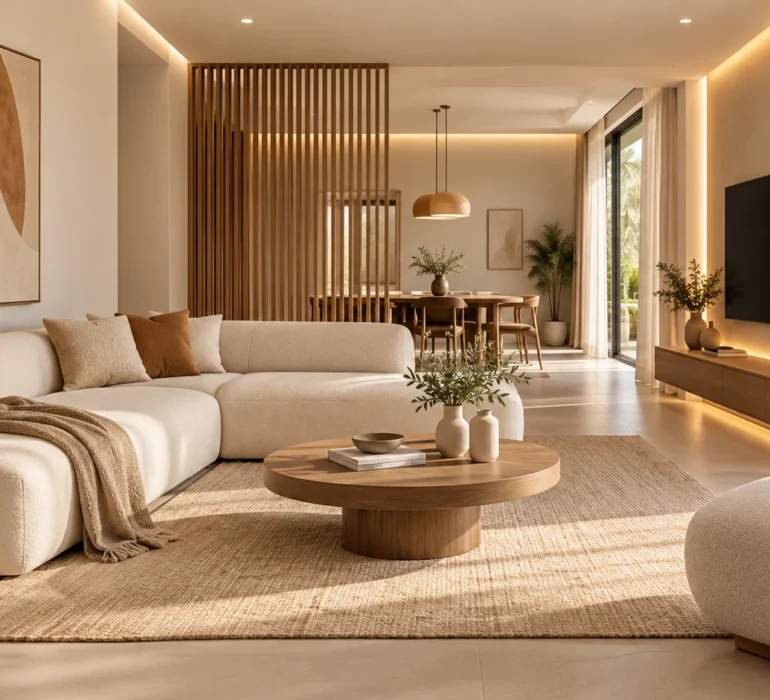 Best interior designers in Trivandrum creating a warm minimalist modern living room with neutral tones, natural wood, and soft lighting.