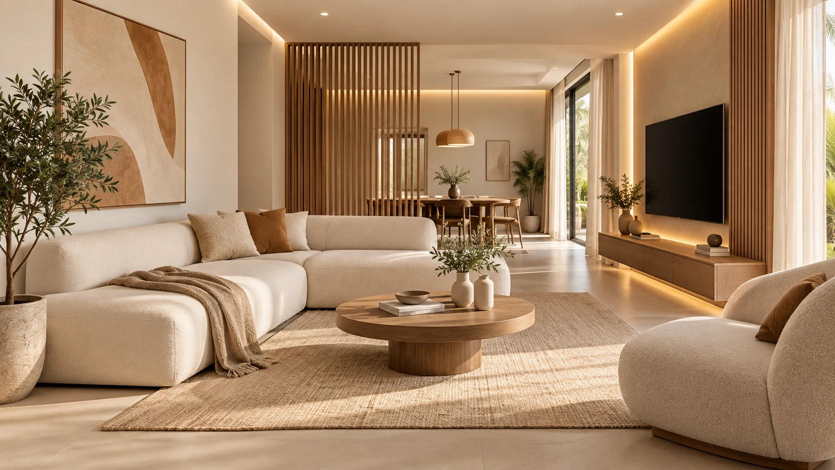 Best interior designers in Trivandrum creating a warm minimalist modern living room with neutral tones, natural wood, and soft lighting.