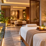 Luxury spa interior design featuring a premium massage room with warm ambient lighting, natural stone walls, wooden slat partitions, a cascading water feature, and elegant decor.