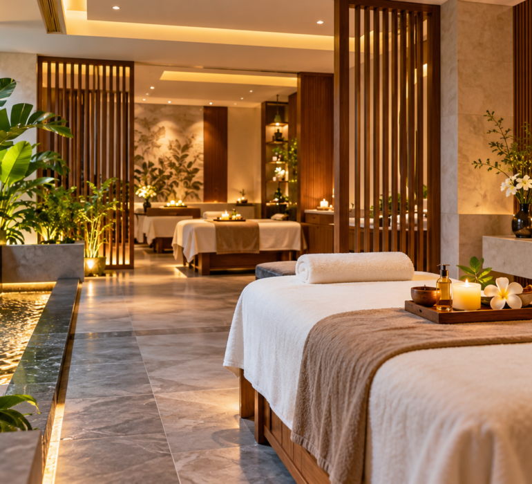 Luxury spa interior design featuring a premium massage room with warm ambient lighting, natural stone walls, wooden slat partitions, a cascading water feature, and elegant decor.