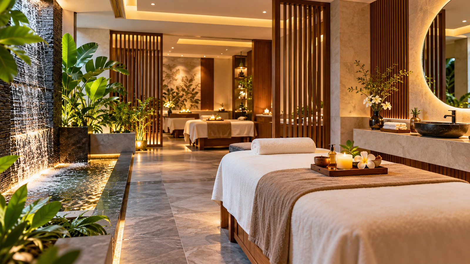 Luxury spa interior design featuring a premium massage room with warm ambient lighting, natural stone walls, wooden slat partitions, a cascading water feature, and elegant decor.
