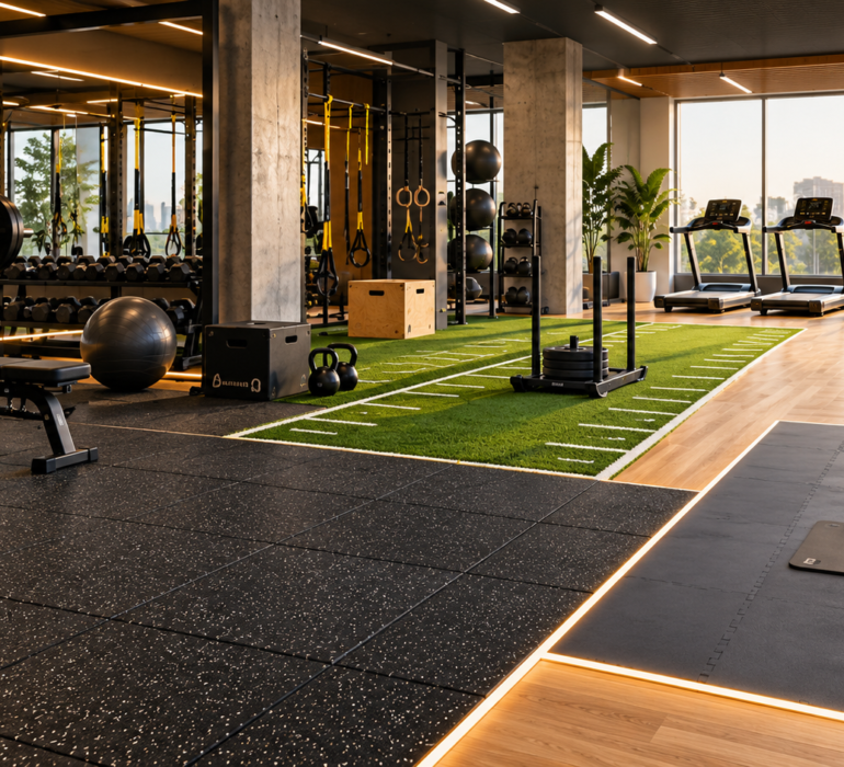 Modern gym interior featuring rubber flooring, artificial turf, wood flooring, and cushioned workout areas for different training zones.