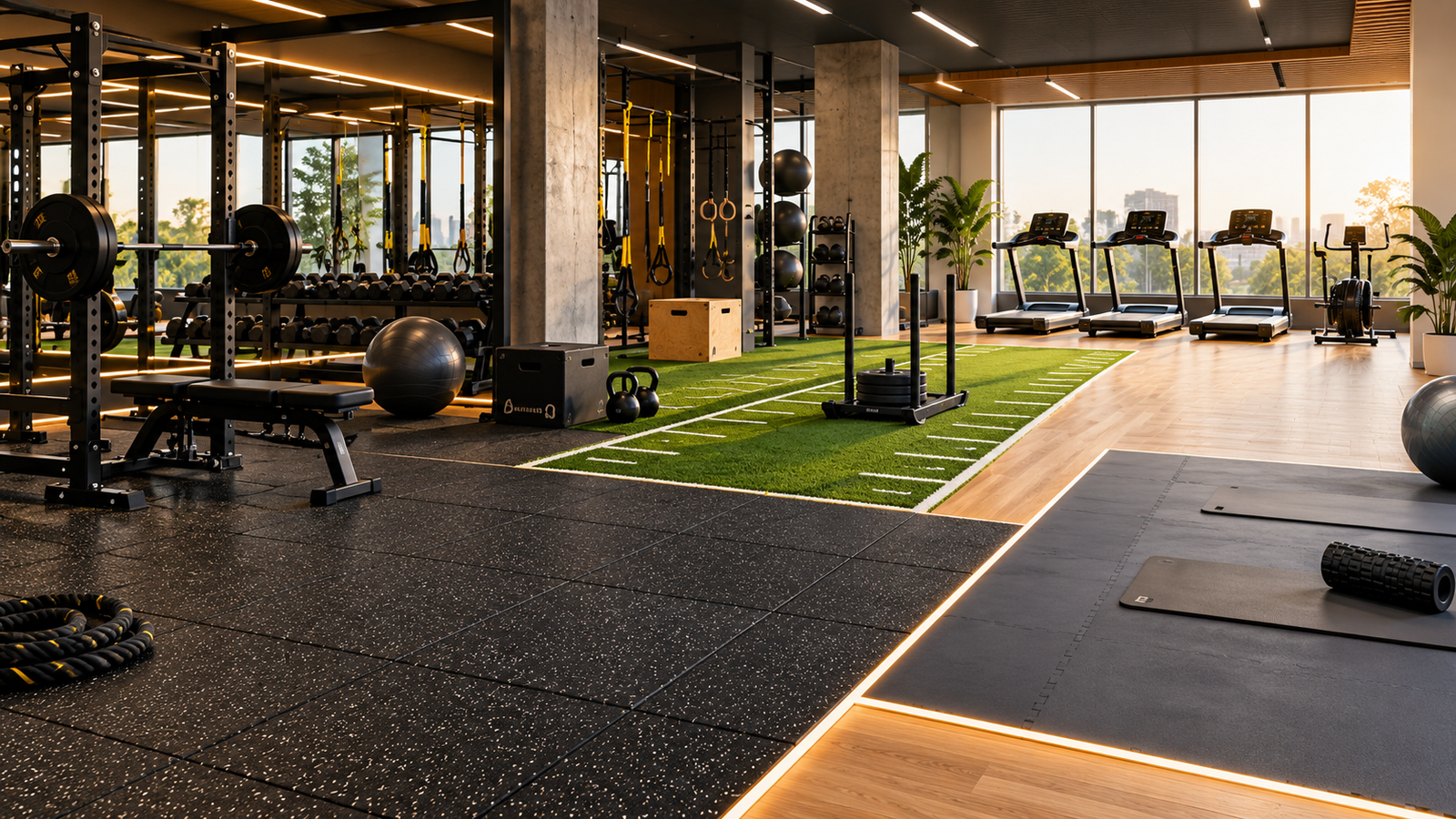 Modern gym interior featuring rubber flooring, artificial turf, wood flooring, and cushioned workout areas for different training zones.