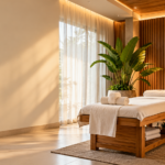 Modern spa interior design ideas with warm lighting, natural materials and greenery in a relaxing treatment room