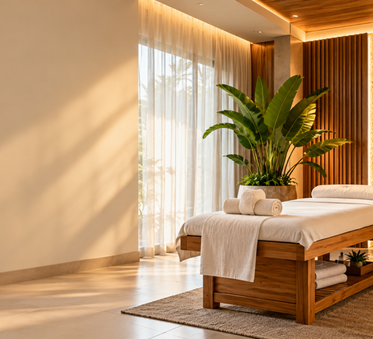 Modern spa interior design ideas with warm lighting, natural materials and greenery in a relaxing treatment room