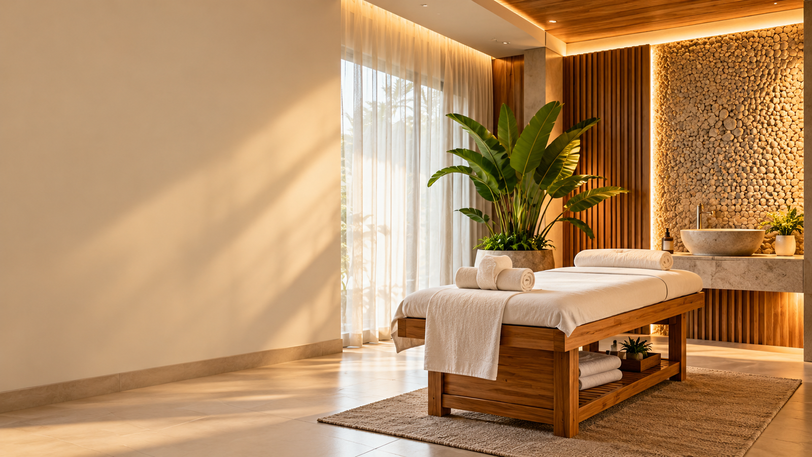 Modern spa interior design ideas with warm lighting, natural materials and greenery in a relaxing treatment room